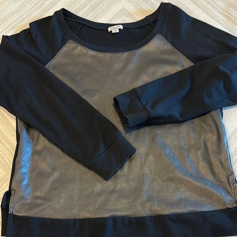 Splendid Women’s Black and Gray Faux Leather Long Sleeve Sweatshirt - Size M